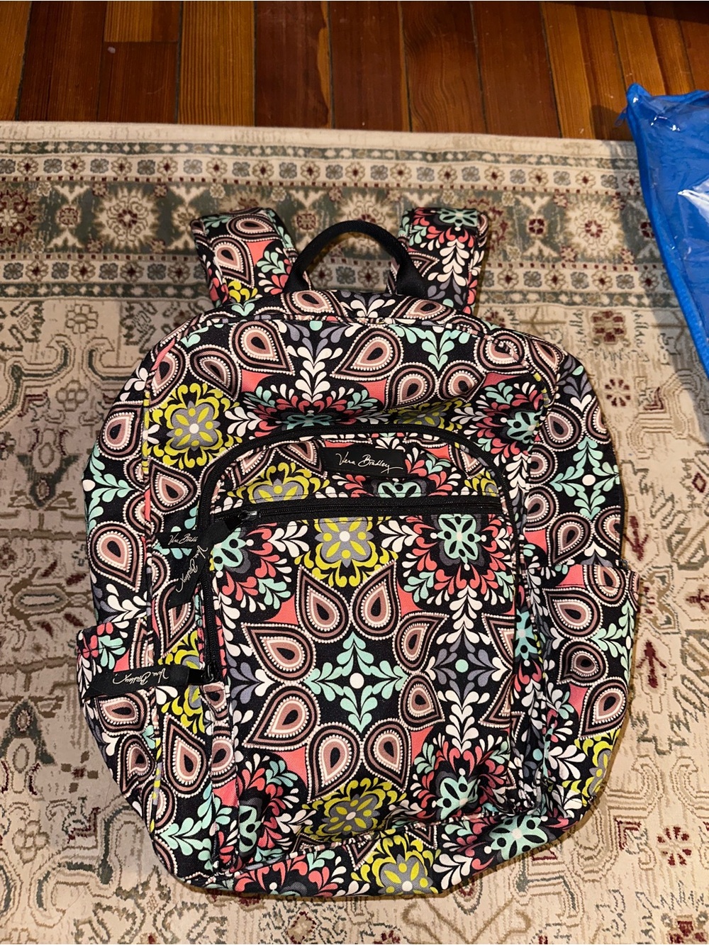 Vera Bradley Black Floral Pattern Backpack with Mint, Pink & Yellow Accents